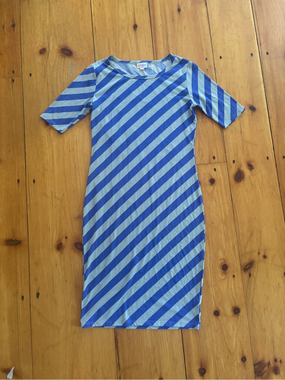 LuLaRoe Julia Blue & Gray Striped Bodycon Dress Small